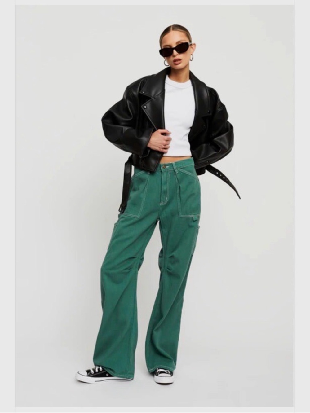 Lioness Miami Vice Sage-Green Cargo Jeans High-Rise Wide Leg Baggy Fit Pants - Picture 16 of 16